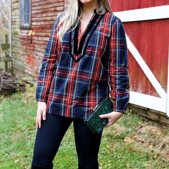 J.Crew Velvet-trimmed V-neck tunic in black Stewart Tartan S - Picture 1 of 7